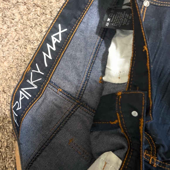 Y2K Franky Max Jeans Mens 38x32 Dark Wash Blue Denim Waxed Cotton Stretch Zip - Picture 7 of 8